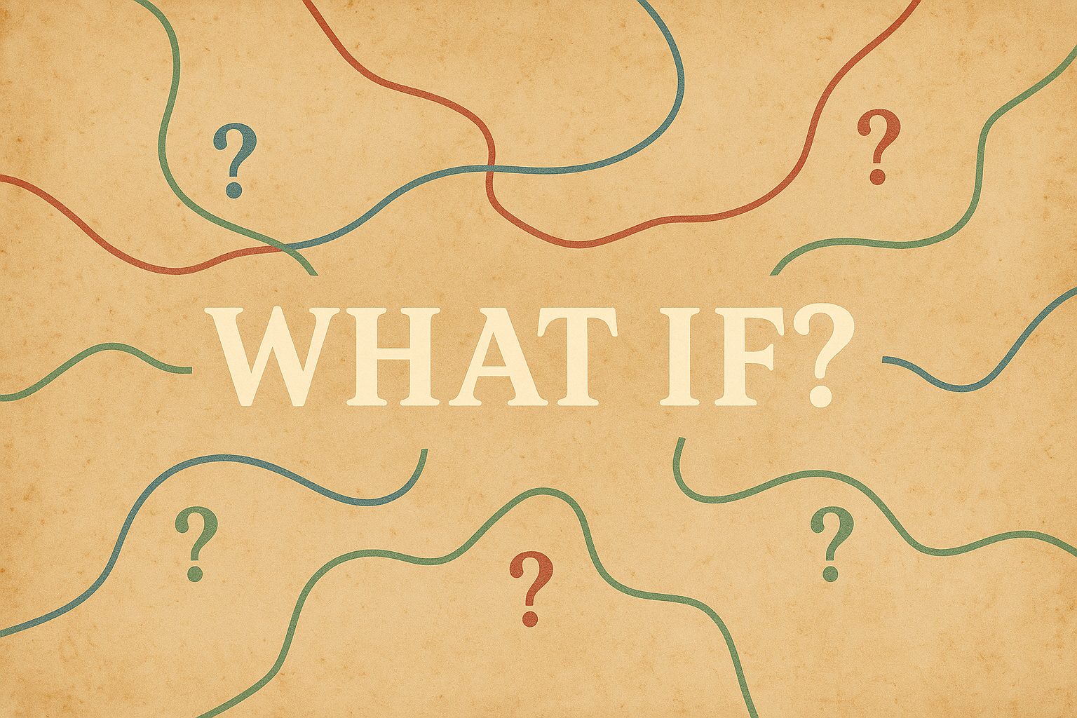 A tan parchment-style background with the words “WHAT IF?” in large cream-colored text at the center. Curved colored lines resembling map paths weave around the text, dotted with small question marks.