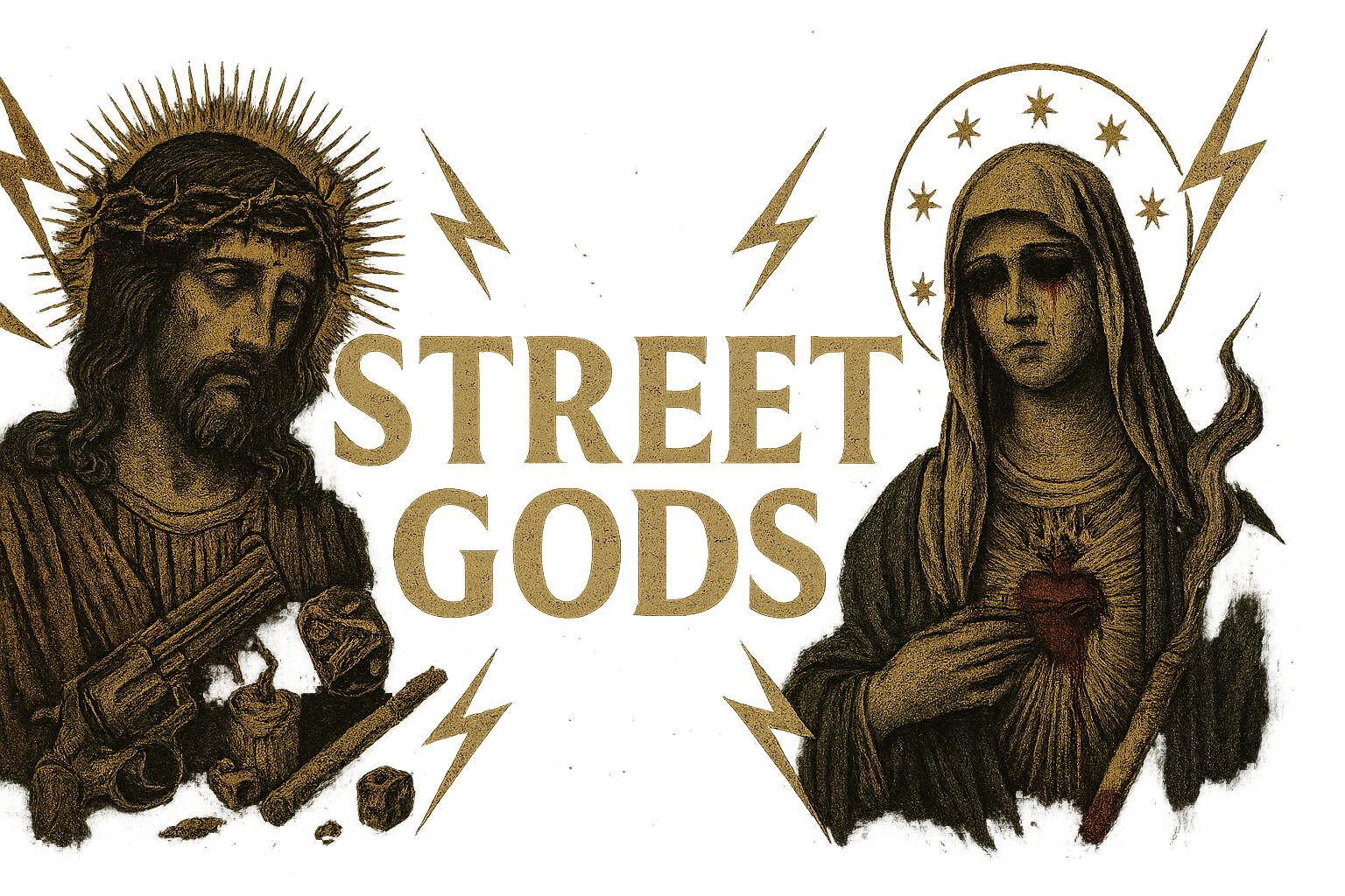 Illustrazione orizzontale con la scritta “STREET GODS” al centro, in stile streetwear. Elementi grafici vivaci, volti divini e fulmini su sfondo nero, in un collage moderno dall'estetica urbana e sacra.