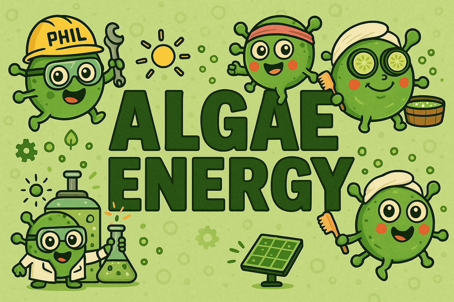 A horizontal banner with the words “ALGAE ENERGY” in large green letters, surrounded by cheerful cartoon algae characters in lab gear, hard hats, and spa outfits, set against a light green textured background.