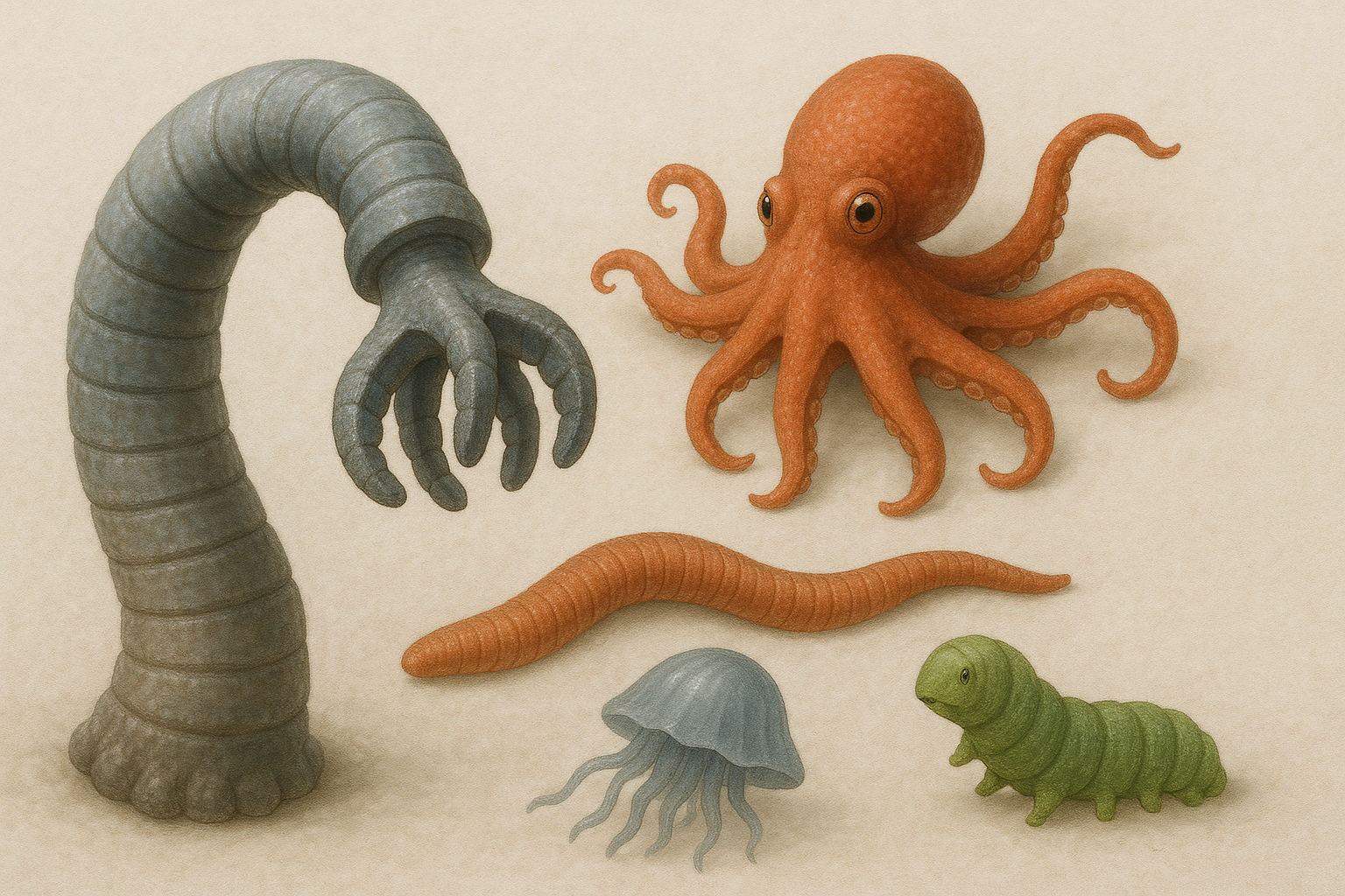 ChatGPT ha detto: Horizontal realistic illustration showing a gray-blue soft robotic arm with a three-fingered gripper, alongside four inspiring creatures